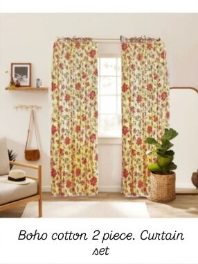 New World Market Boho Cotton 2 Piece Curtain Set In Yellow Floral Print 40X84